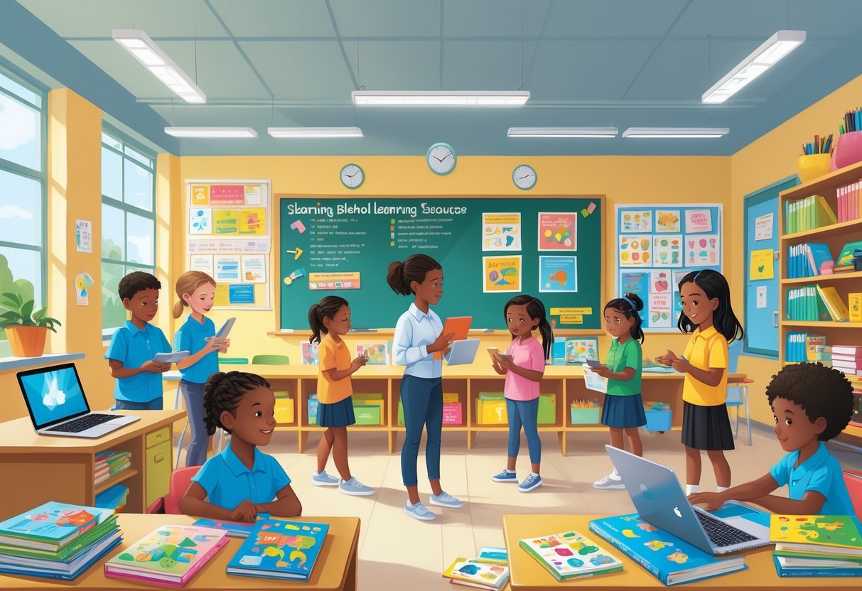 Blended Learning Resources Primary School: A Complete Guide LearningMole A primary school classroom where children use tablets, laptops, books, and educational materials with a teacher helping them.
