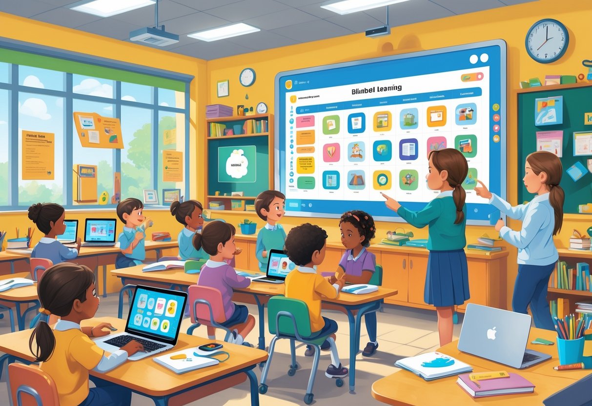 Blended Learning Resources Primary School: A Complete Guide LearningMole Primary school children using tablets and laptops in a classroom with a teacher guiding them, combining digital devices and traditional learning materials.