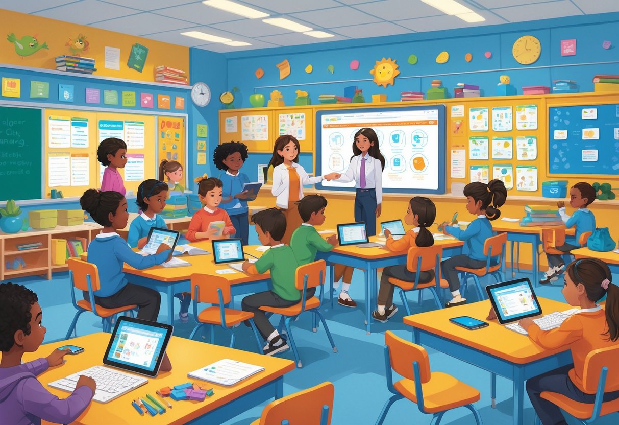 Blended Learning Resources Primary School: A Complete Guide LearningMole Primary school children using tablets and books in a classroom with a teacher guiding them.