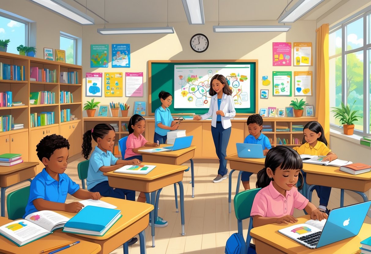 Blended Learning Resources Primary School: A Complete Guide LearningMole A primary school classroom with children using books and digital devices while a teacher assists them.