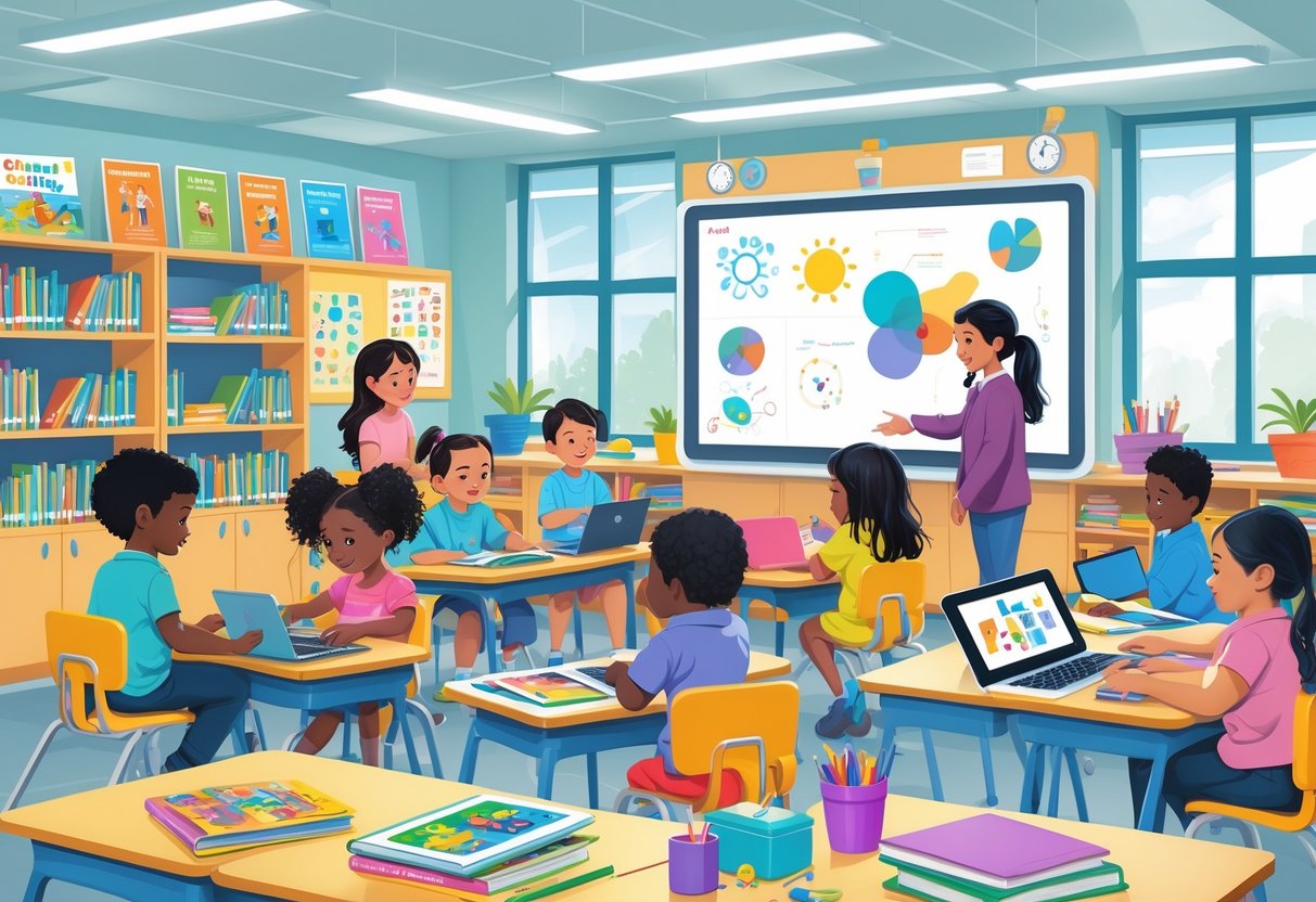 Blended Learning Resources Primary School: A Complete Guide LearningMole Primary school children using tablets, books, and hands-on materials in a classroom with a teacher guiding them.