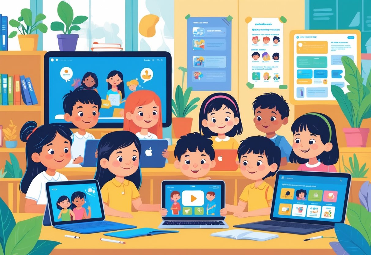 Educational Videos for Kids: How They Support Learning Effectively Educational Videos LearningMole Children of various ages watching educational videos on tablets and laptops in a bright learning space.