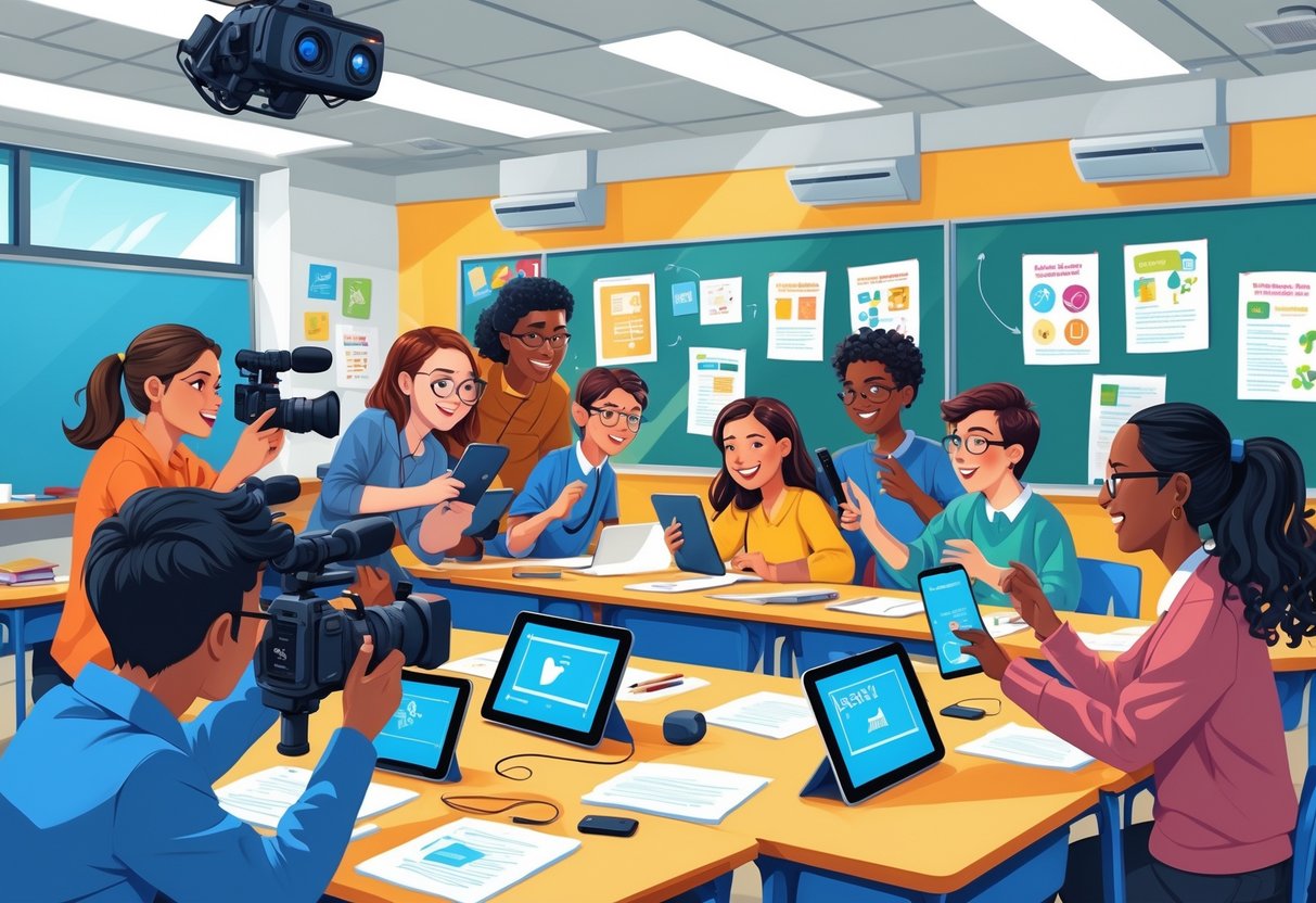 How to Use Educational Videos in the Classroom: Effective Strategies and Tips Educational Videos LearningMole Students in a classroom creating educational videos with cameras and tablets while a teacher supports them.