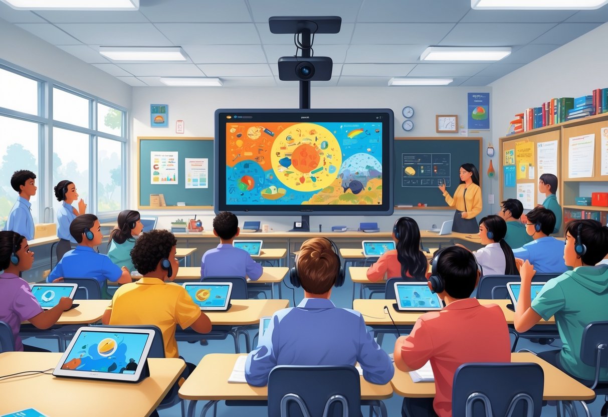 How to Use Educational Videos in the Classroom: Effective Strategies and Tips Educational Videos LearningMole A classroom with students watching an educational video on a large screen while using tablets and headphones, with a teacher managing the content.