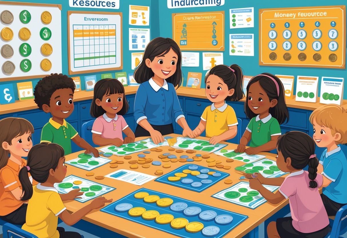 Money Resources Primary School: Essential Tools & Programmes LearningMole Primary school children and a teacher working together with money-related learning materials in a bright classroom.