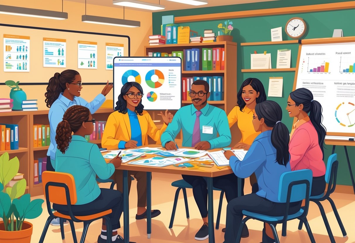 Money Resources Primary School: Essential Tools & Programmes LearningMole A group of primary school teachers collaborating around a table with educational materials and financial planning documents in a classroom.