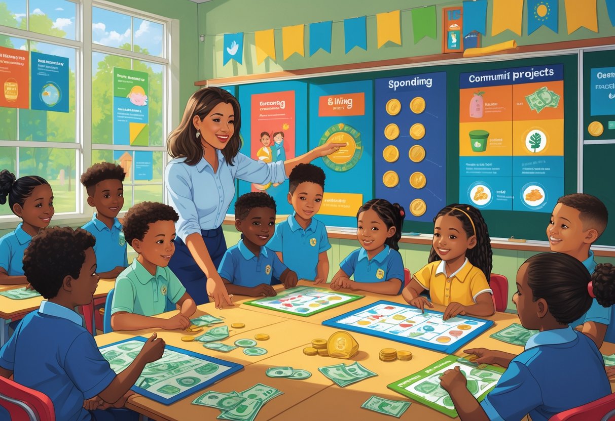 Money Resources Primary School: Essential Tools & Programmes LearningMole A classroom with young children learning about money and community projects, guided by a teacher, surrounded by educational materials related to national events.