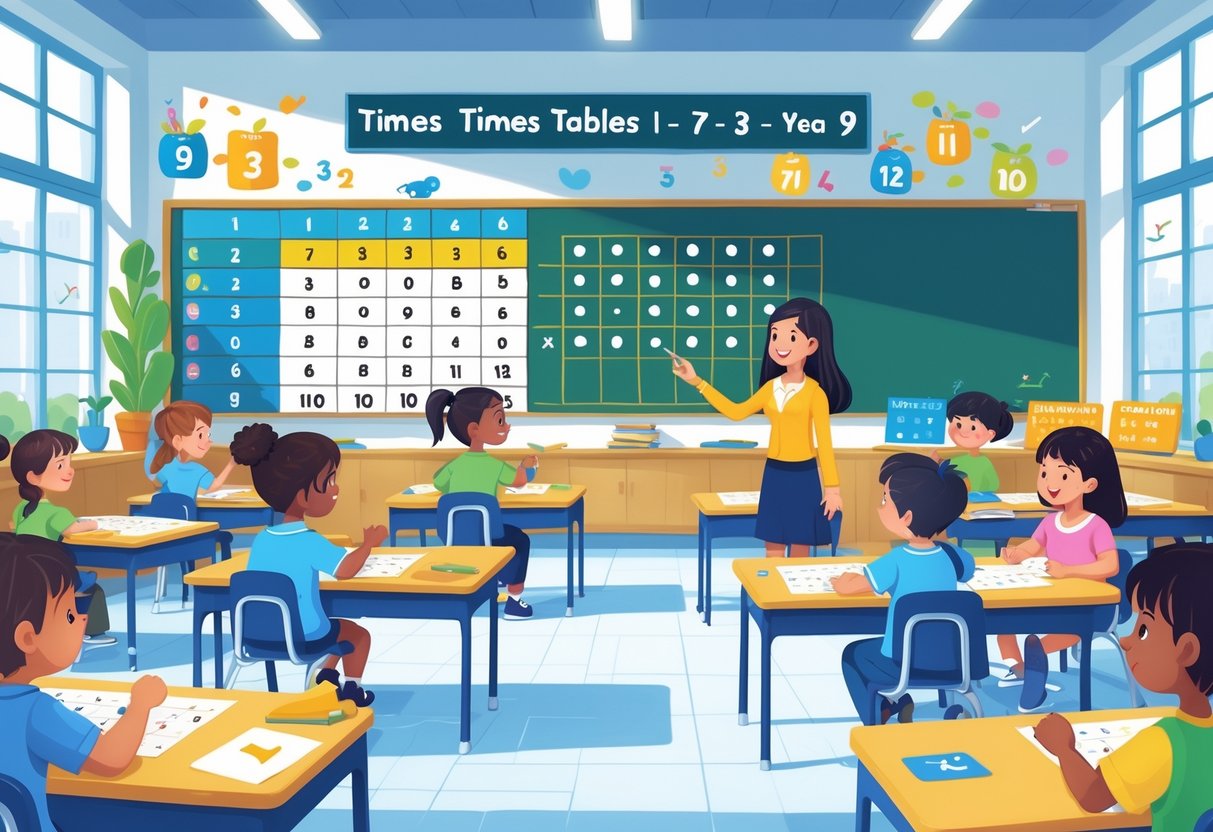 Times Tables Resources Year 3 and Year 4: Essential Tools and Strategies Times Tables LearningMole A classroom scene with young children working on times tables worksheets while a teacher helps them, surrounded by educational charts and bright natural light.