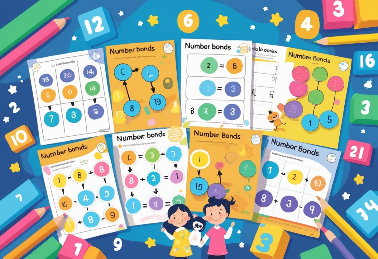 Number Bonds Resources KS1: Engaging Activities and Best Practices Number Bonds LearningMole A colourful scene showing printable worksheets and activity packs with number bond diagrams, surrounded by children, animals, and educational tools.