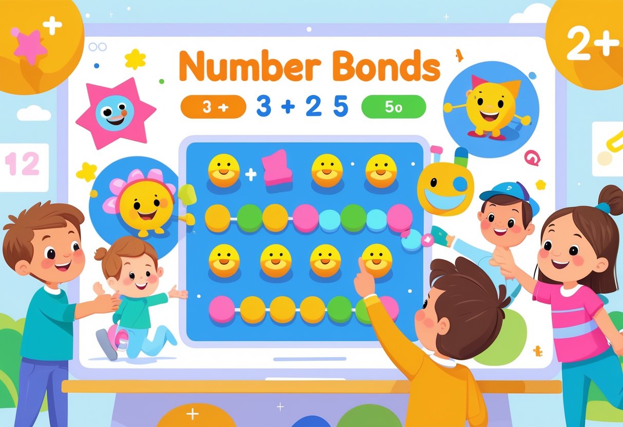 Number Bonds Resources KS1: Engaging Activities and Best Practices Number Bonds LearningMole Children interacting with a tablet showing colourful number bond characters connecting numbers in a learning game.