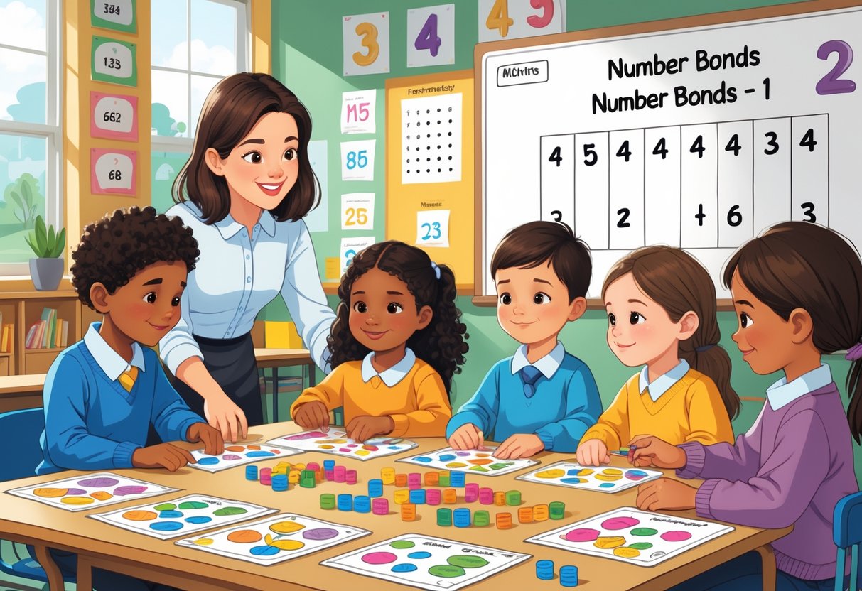 Number Bonds Resources KS1: Engaging Activities and Best Practices Number Bonds LearningMole A teacher and young children in a classroom using colourful number bond resources on a table, learning mathematics together.