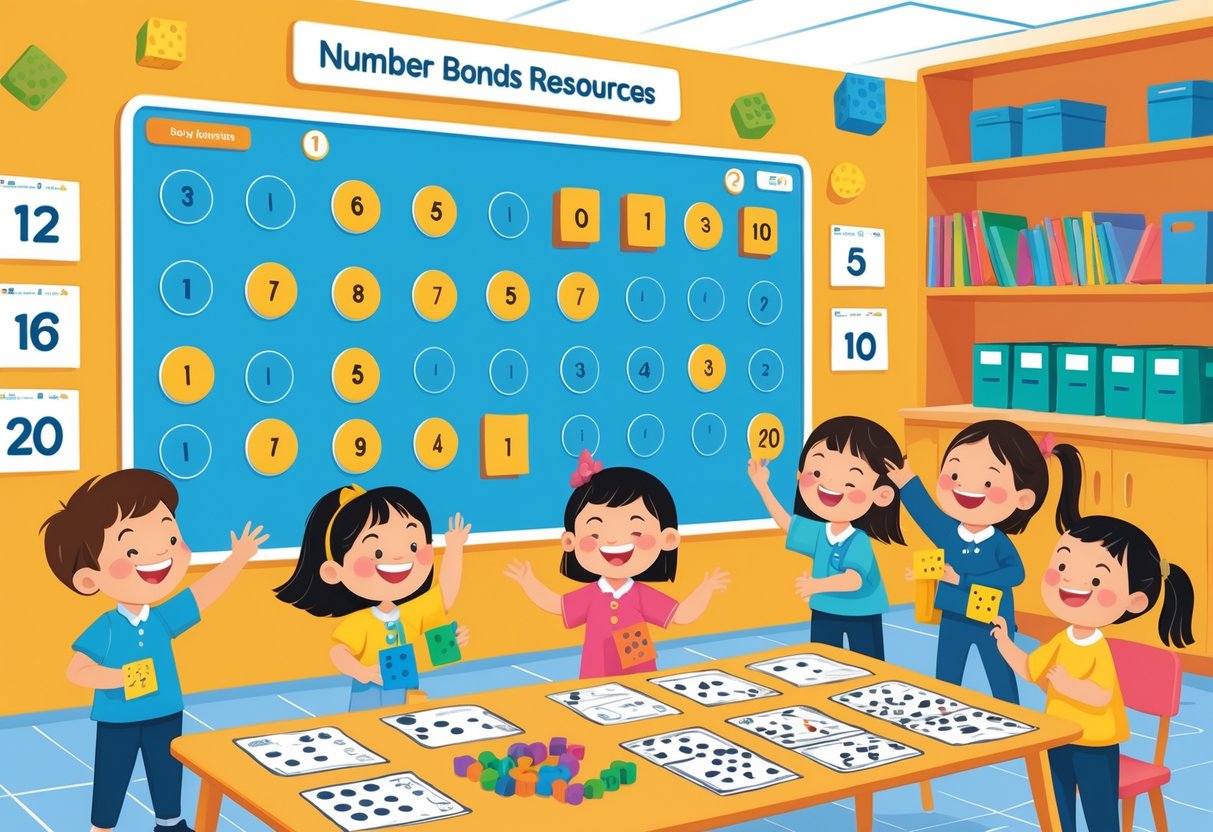 Number Bonds Resources KS1: Engaging Activities and Best Practices Number Bonds LearningMole Young children in a classroom using colourful number bond cards and blocks to learn basic addition with educational materials on a table nearby.
