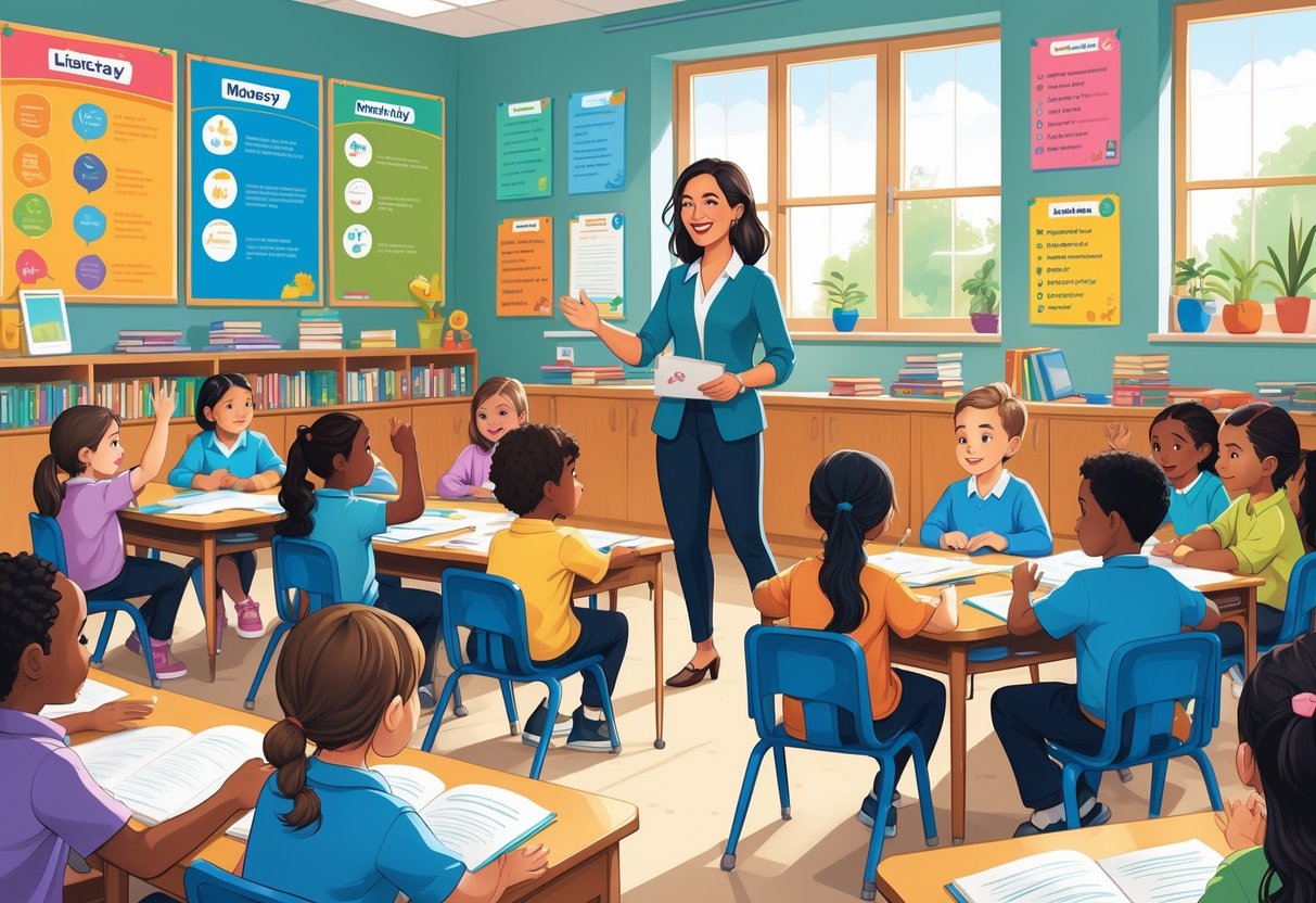 CPD Resources for Primary School Teachers: Comprehensive Guide LearningMole A teacher leading a group of young primary school children in a bright classroom filled with educational materials and learning resources.