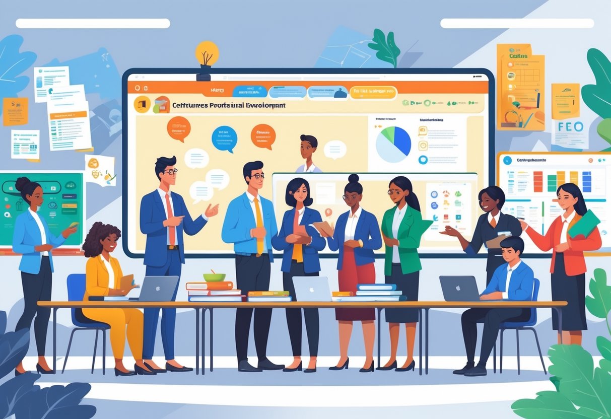 CPD Resources for Primary School Teachers: Comprehensive Guide LearningMole A group of primary school teachers working together around a table with books and digital devices in a bright classroom setting.