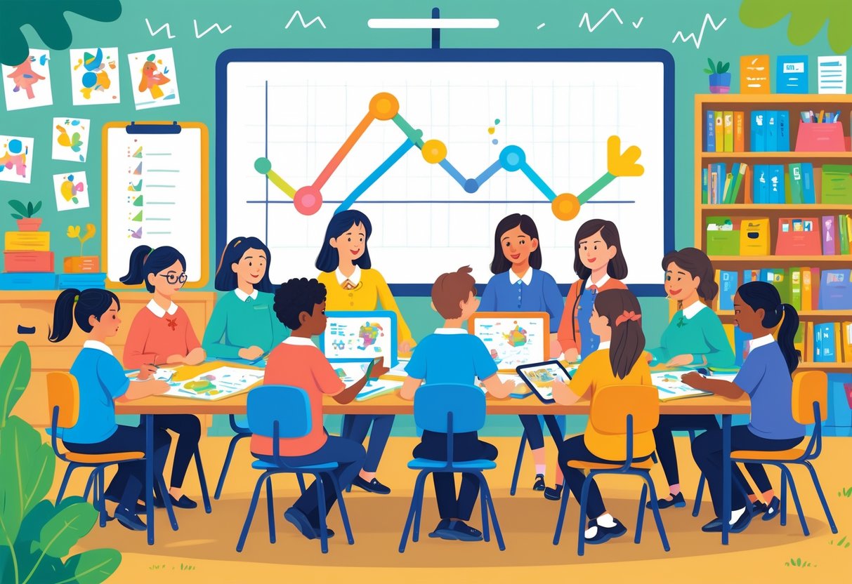 CPD Resources for Primary School Teachers: Comprehensive Guide LearningMole A group of primary school teachers working together in a bright classroom filled with educational materials and children's artwork.