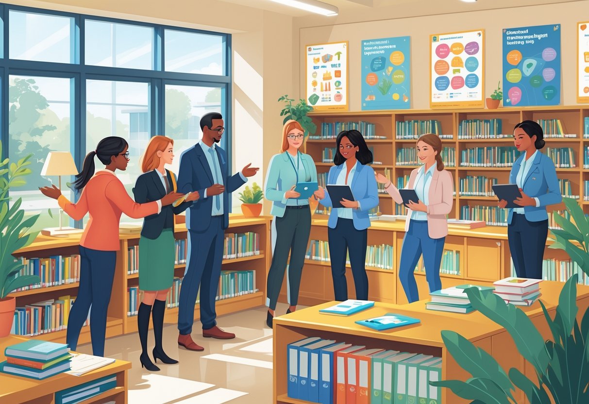 CPD Resources for Primary School Teachers: Comprehensive Guide LearningMole A group of primary school teachers selecting and discussing educational resources together in a school library.