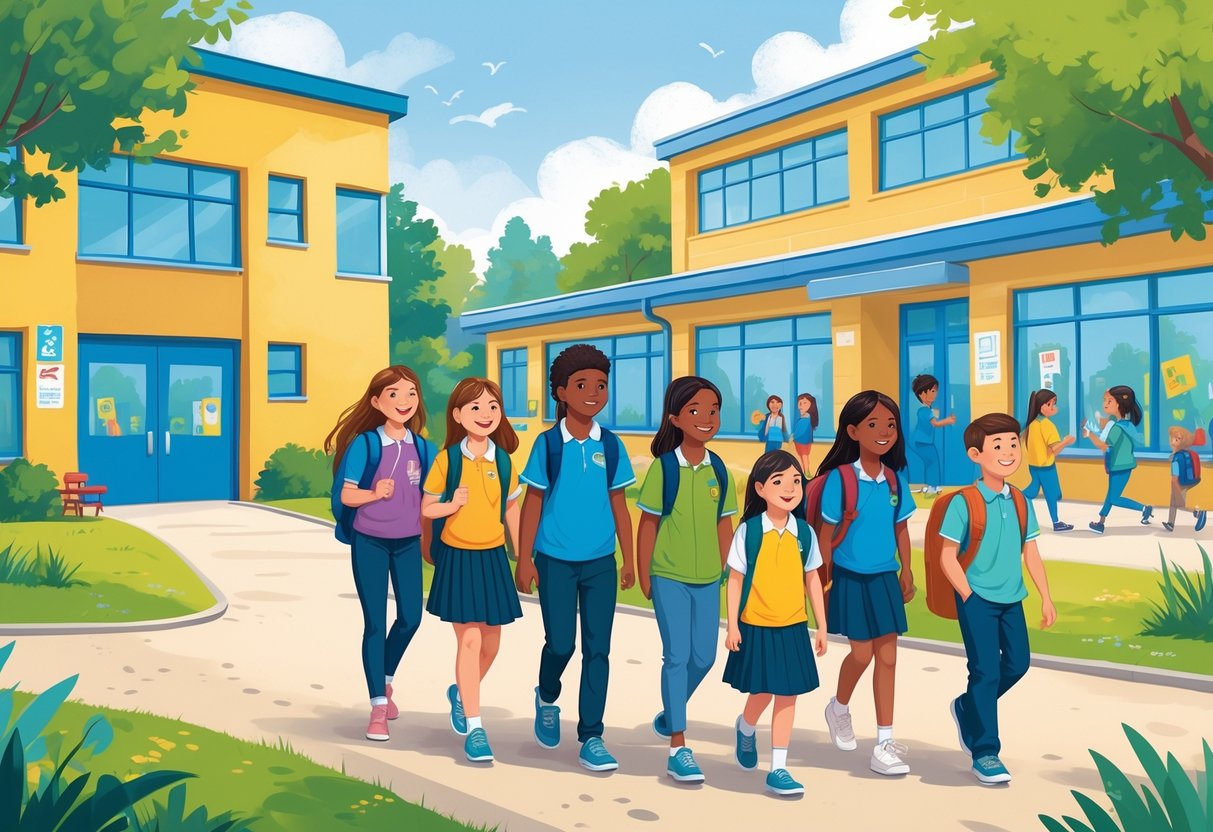 Year 6 to Year 7 Transition Resources: The Ultimate Guide LearningMole Children walking from a primary school to a secondary school, accompanied by a teacher, symbolising the transition from Year 6 to Year 7.