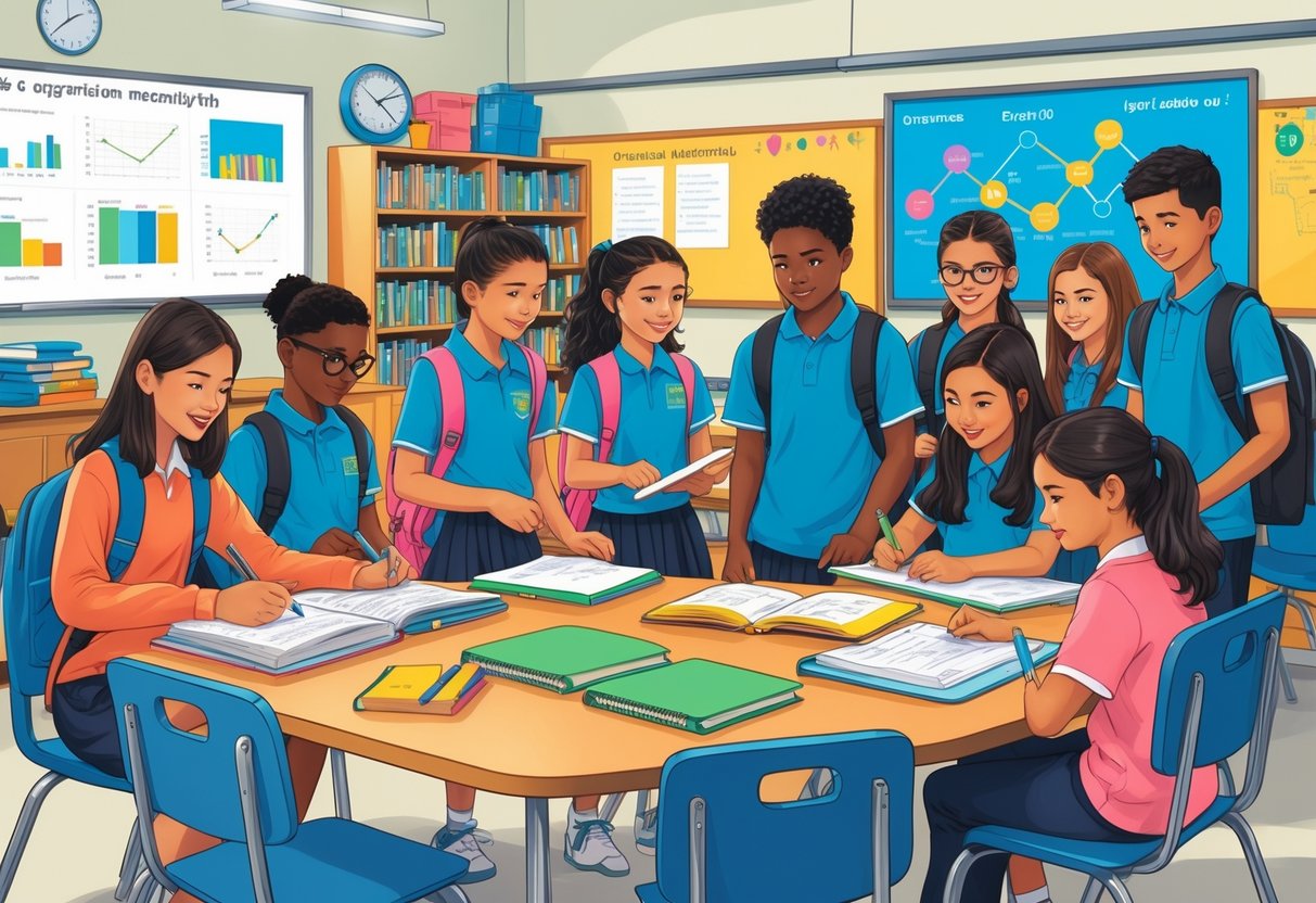 Year 6 to Year 7 Transition Resources: The Ultimate Guide LearningMole Students working together with notebooks and planners in a bright classroom, preparing for the transition from year 6 to year 7.