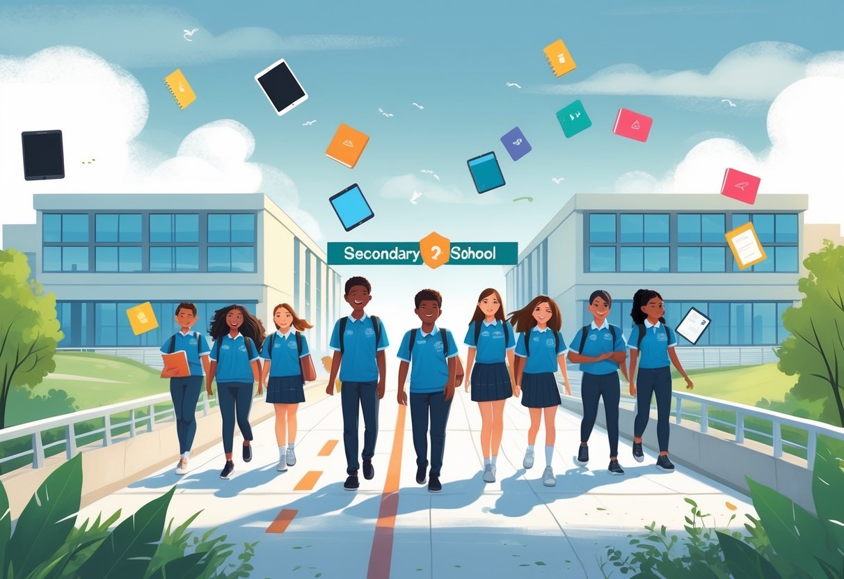 Year 6 to Year 7 Transition Resources: The Ultimate Guide LearningMole A group of Year 6 students crossing a bridge towards a secondary school, accompanied by teachers and surrounded by floating educational resources.