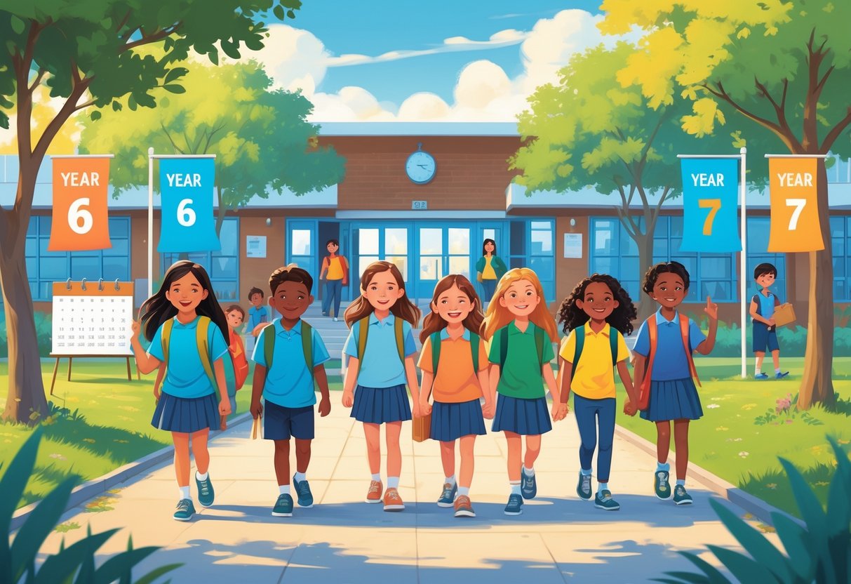 Year 6 to Year 7 Transition Resources: The Ultimate Guide LearningMole Children walking happily on a school pathway towards a modern school building, carrying backpacks and school supplies, under a bright sky.
