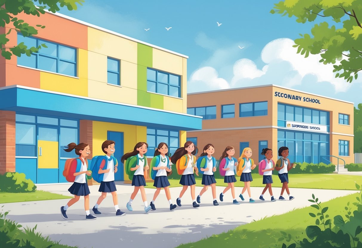 Year 6 to Year 7 Transition Resources: The Ultimate Guide LearningMole Children walking from a primary school to a secondary school, carrying backpacks and smiling, with school buildings and greenery in the background.