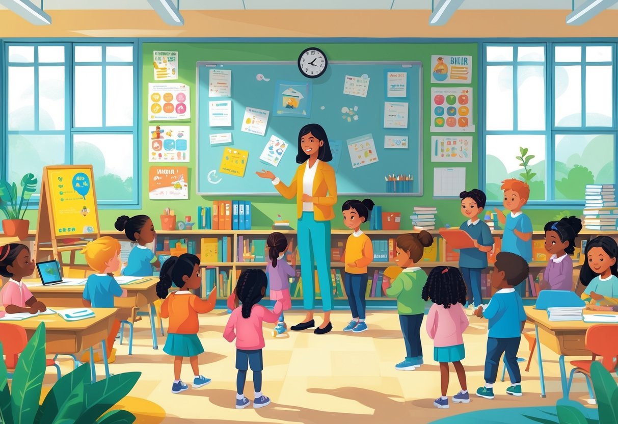 NQT Resources and Support Primary School: A Complete Guide LearningMole A primary school classroom with a teacher guiding young children engaged in learning activities, surrounded by educational materials and a bright, organised setting.
