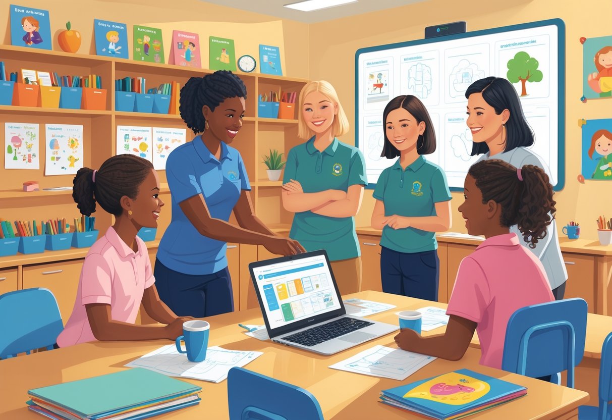 NQT Resources and Support Primary School: A Complete Guide LearningMole A group of teachers in a primary school classroom collaborating and supporting a newly qualified teacher with educational resources.