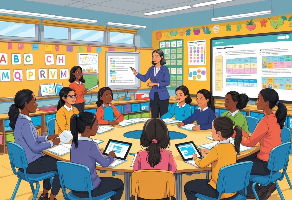NQT Resources and Support Primary School: A Complete Guide LearningMole A group of early-career teachers in a primary school classroom attending a collaborative training session led by a mentor.