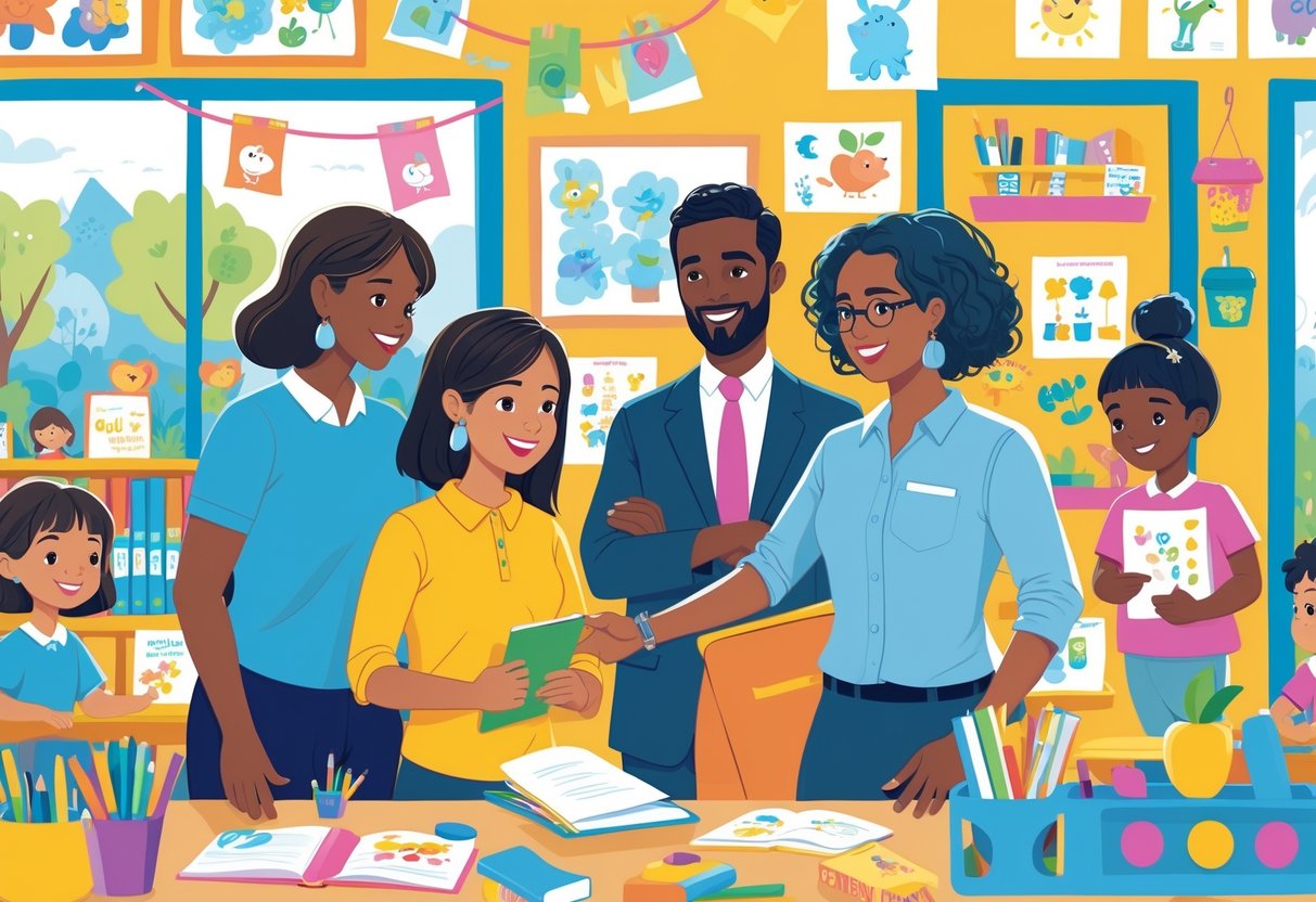 NQT Resources and Support Primary School: A Complete Guide LearningMole A young teacher receiving guidance from a mentor in a busy primary school classroom with children learning and colourful educational materials around.