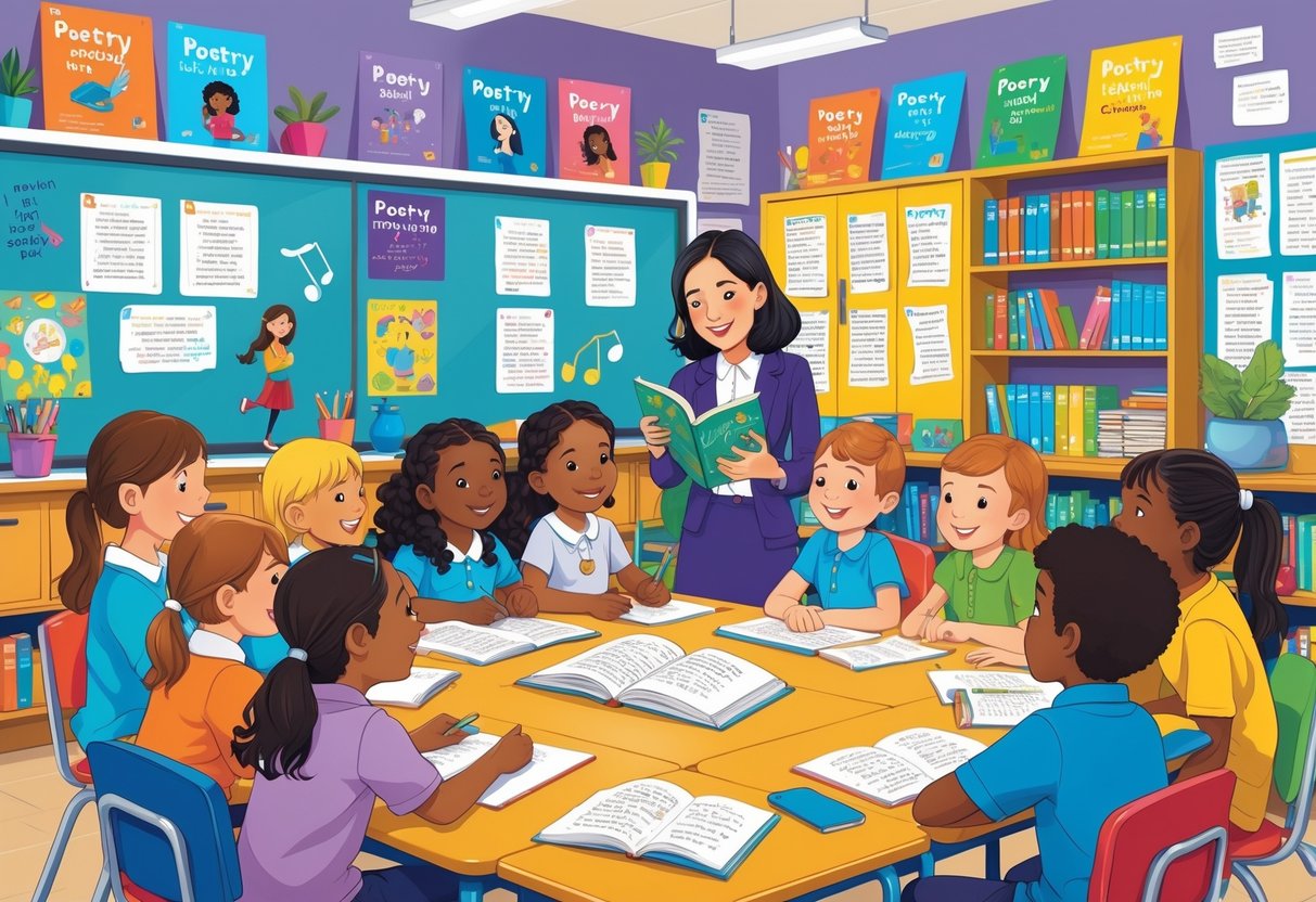 Poetry Resources KS2 Primary School: Complete Guide for Teachers Poetry Resources,poet LearningMole Primary school classroom with children and a teacher engaging with poetry books and resources, surrounded by colourful educational materials.