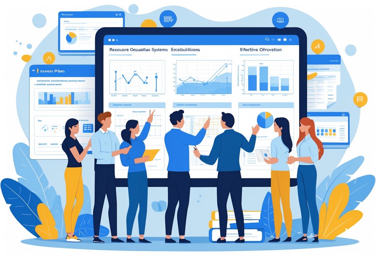 Lesson Observation Resources and Guidance: Practical Tools and Best Practices LearningMole A group of educators collaborating around a digital screen with charts and lesson plans, in a classroom setting with students learning in the background.