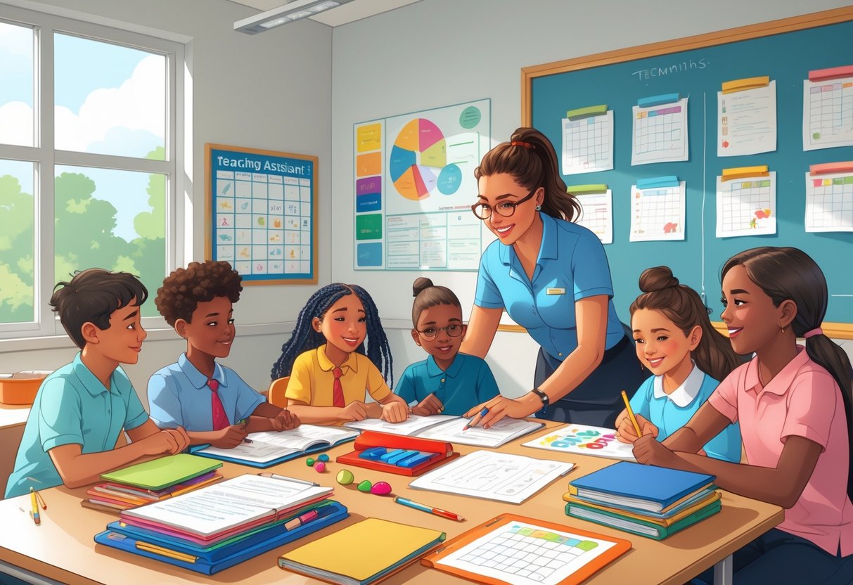 Teaching Assistant Resources and Activities: Essential Tools and Strategies Teaching Assistant Resources LearningMole A teaching assistant helping students in a classroom with educational materials and learning aids on a table nearby.