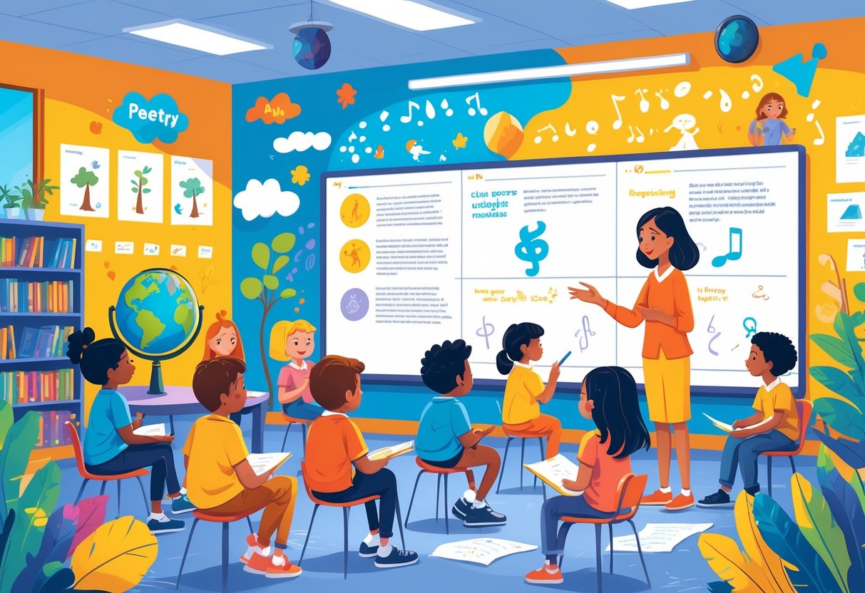 Poetry Resources KS2 Primary School: Complete Guide for Teachers Poetry Resources,poet LearningMole A primary school classroom where children are gathered around a teacher learning about poetry, surrounded by colourful decorations inspired by poems.