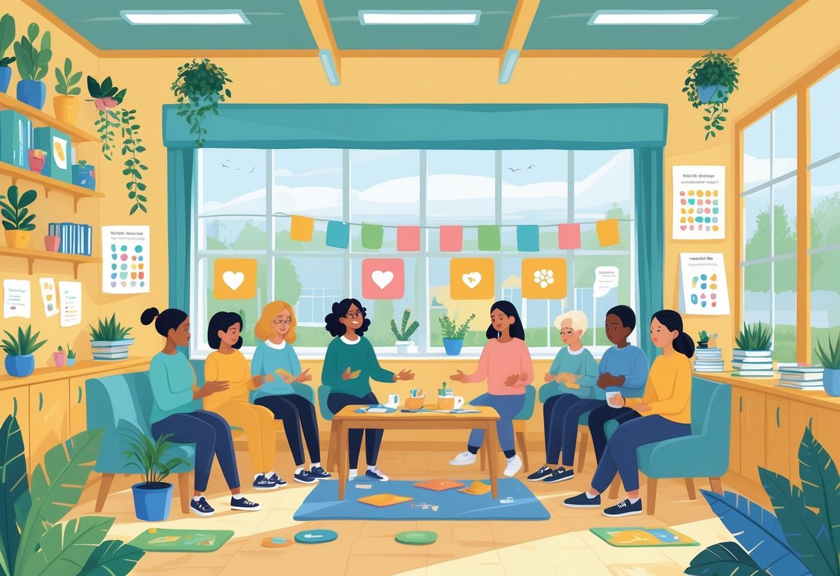 Teacher Wellbeing Resources UK Primary: Essential Strategies & Support LearningMole A group of primary school teachers in a bright staff room sharing resources and practising mindfulness, with a school playground visible outside the window.