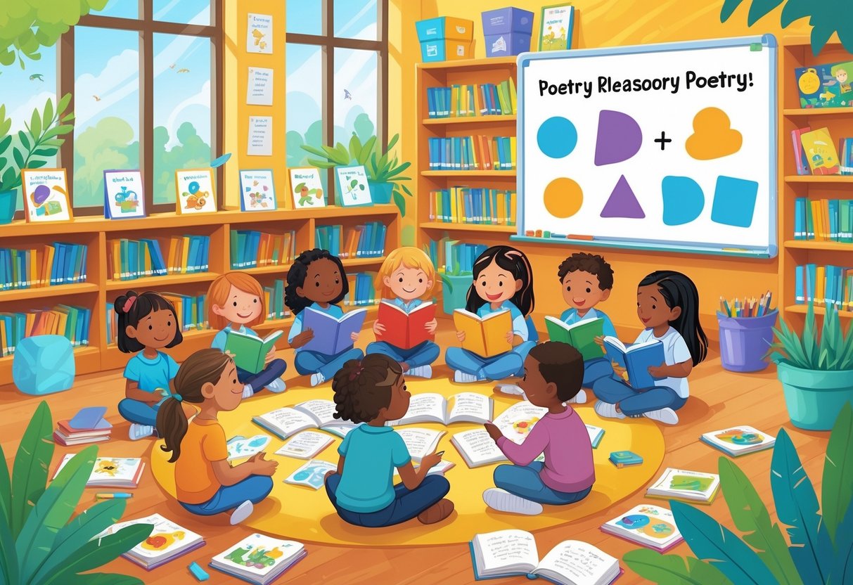 Poetry Resources KS2 Primary School: Complete Guide for Teachers Poetry Resources,poet LearningMole A group of primary school children and a teacher engaged in a classroom surrounded by books and materials about poetry.