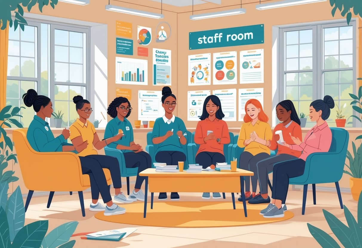 Teacher Wellbeing Resources UK Primary: Essential Strategies & Support LearningMole A group of primary school teachers in a staff room engaging in supportive activities like talking, stretching, and sharing resources, surrounded by plants and natural light.