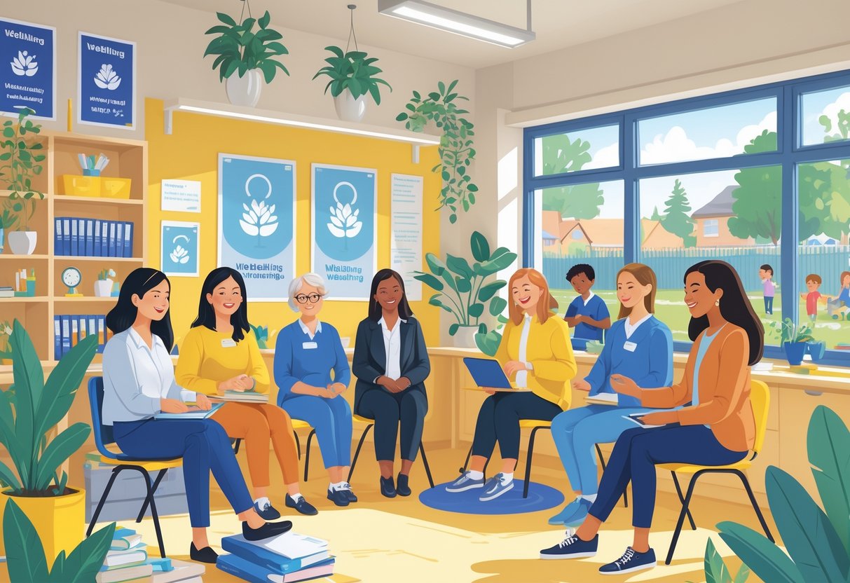 Teacher Wellbeing Resources UK Primary: Essential Strategies & Support LearningMole School leaders and primary school teachers in a bright staff room, engaging supportively with each other in a welcoming school environment.