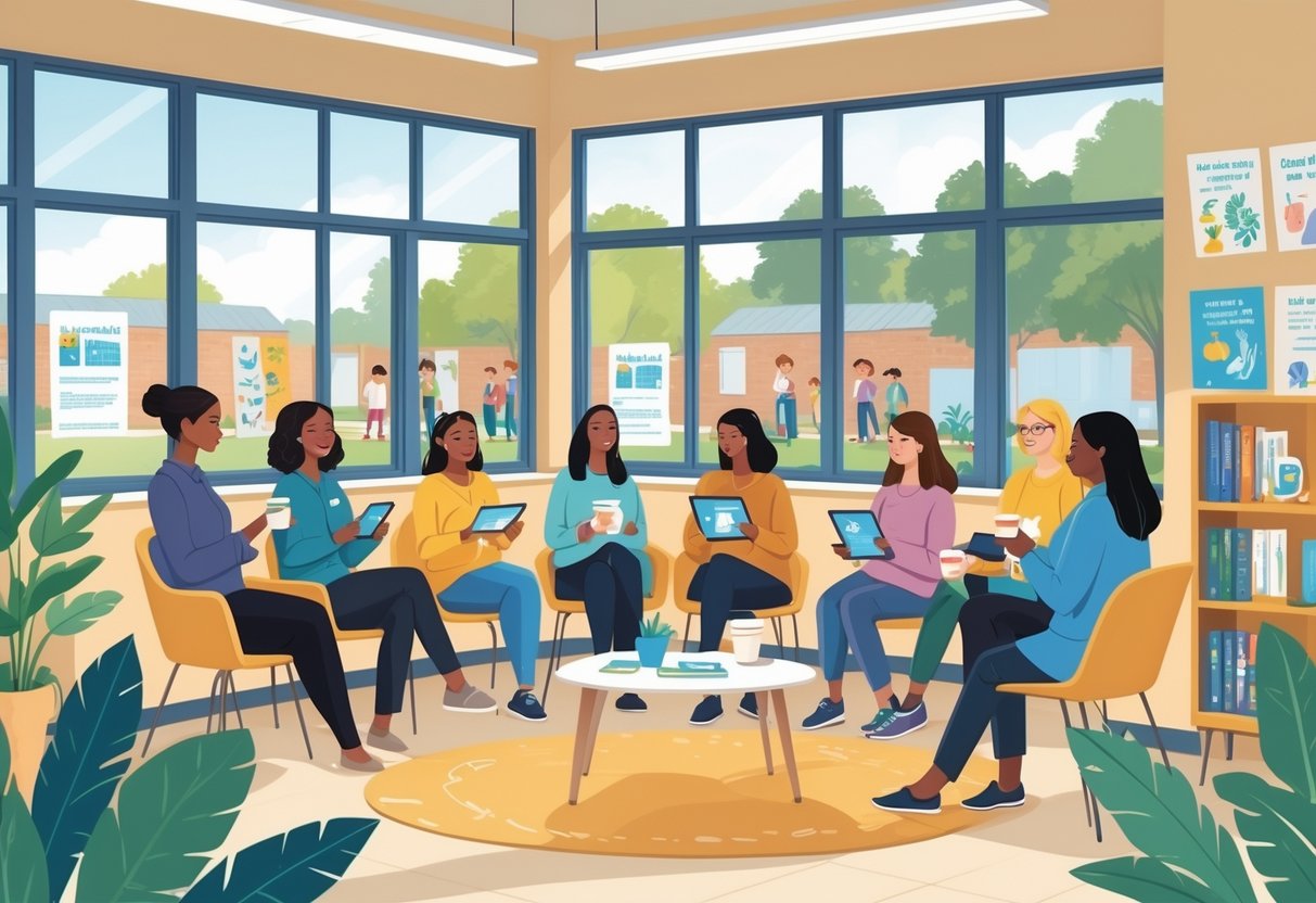 Teacher Wellbeing Resources UK Primary: Essential Strategies & Support LearningMole A group of primary school teachers in a bright staff room, engaging with wellbeing materials and talking together, with a school playground visible outside.