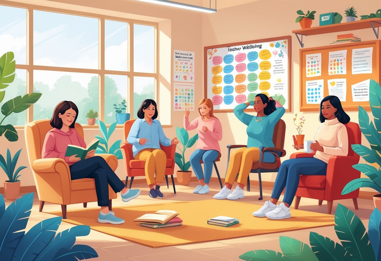 Teacher Wellbeing Resources UK Primary: Essential Strategies & Support LearningMole Primary school teachers relaxing and engaging in wellbeing activities in a calm classroom setting with plants and wellbeing resources.