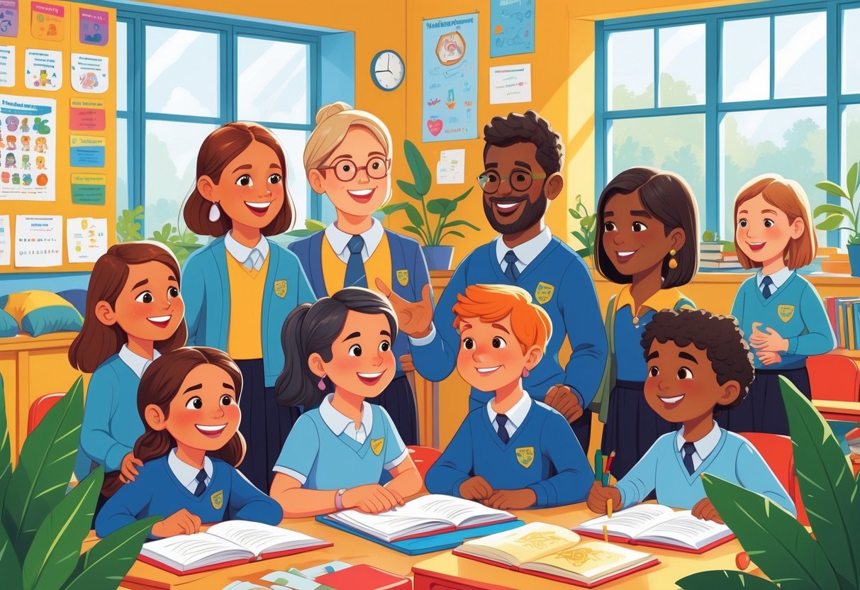 Teacher Wellbeing Resources UK Primary: Essential Strategies & Support LearningMole A classroom with teachers and pupils interacting supportively in a bright and welcoming school environment.