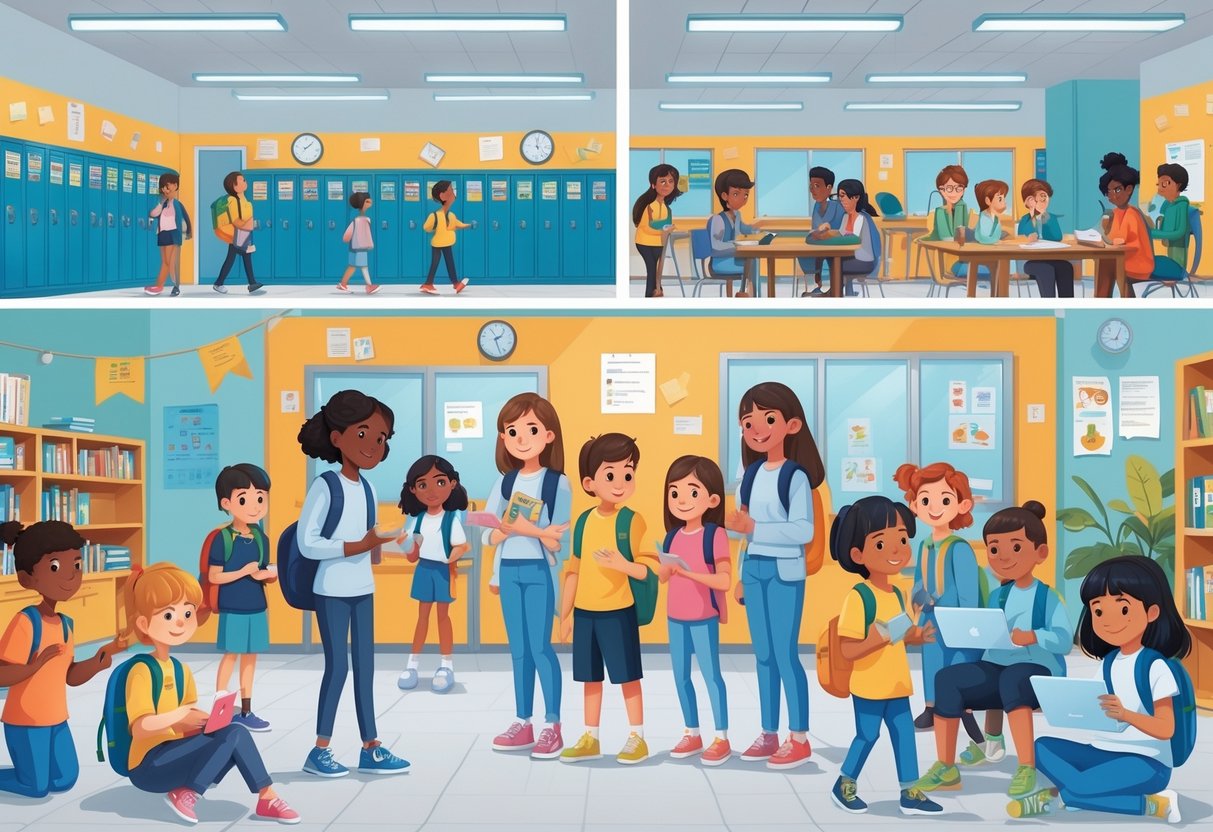 Primary to Secondary Transition Activities: Comprehensive Guide LearningMole Children and educators interacting in a school setting with classrooms and lockers, showing students engaged in activities that help them move from primary to secondary school.