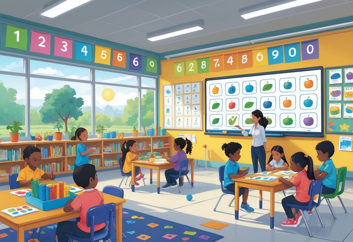 Catch Up Resources Primary School Maths and English: A Complete Guide Catch Up Resources,Primary School,Maths and English LearningMole A classroom with young children using maths and English learning materials while a teacher helps them, surrounded by educational posters and books.