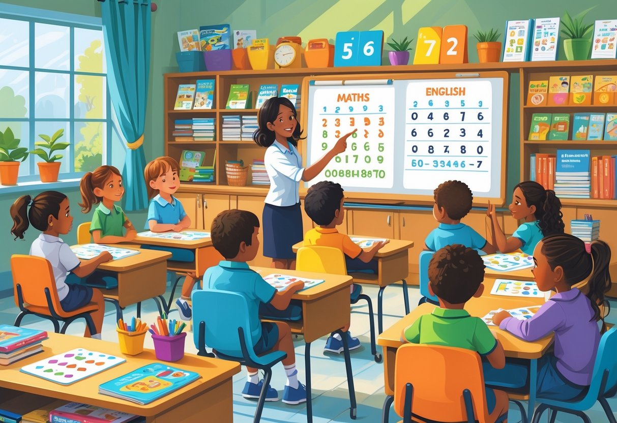 Catch Up Resources Primary School Maths and English: A Complete Guide Catch Up Resources,Primary School,Maths and English LearningMole A group of young primary school children learning maths and English with a teacher in a bright classroom filled with educational materials.
