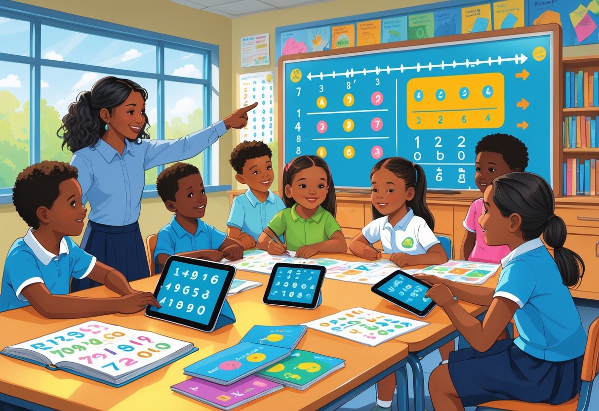 Catch Up Resources Primary School Maths and English: A Complete Guide Catch Up Resources,Primary School,Maths and English LearningMole A group of primary school children working with a teacher using books, tablets, and an interactive board to learn maths and English in a classroom.