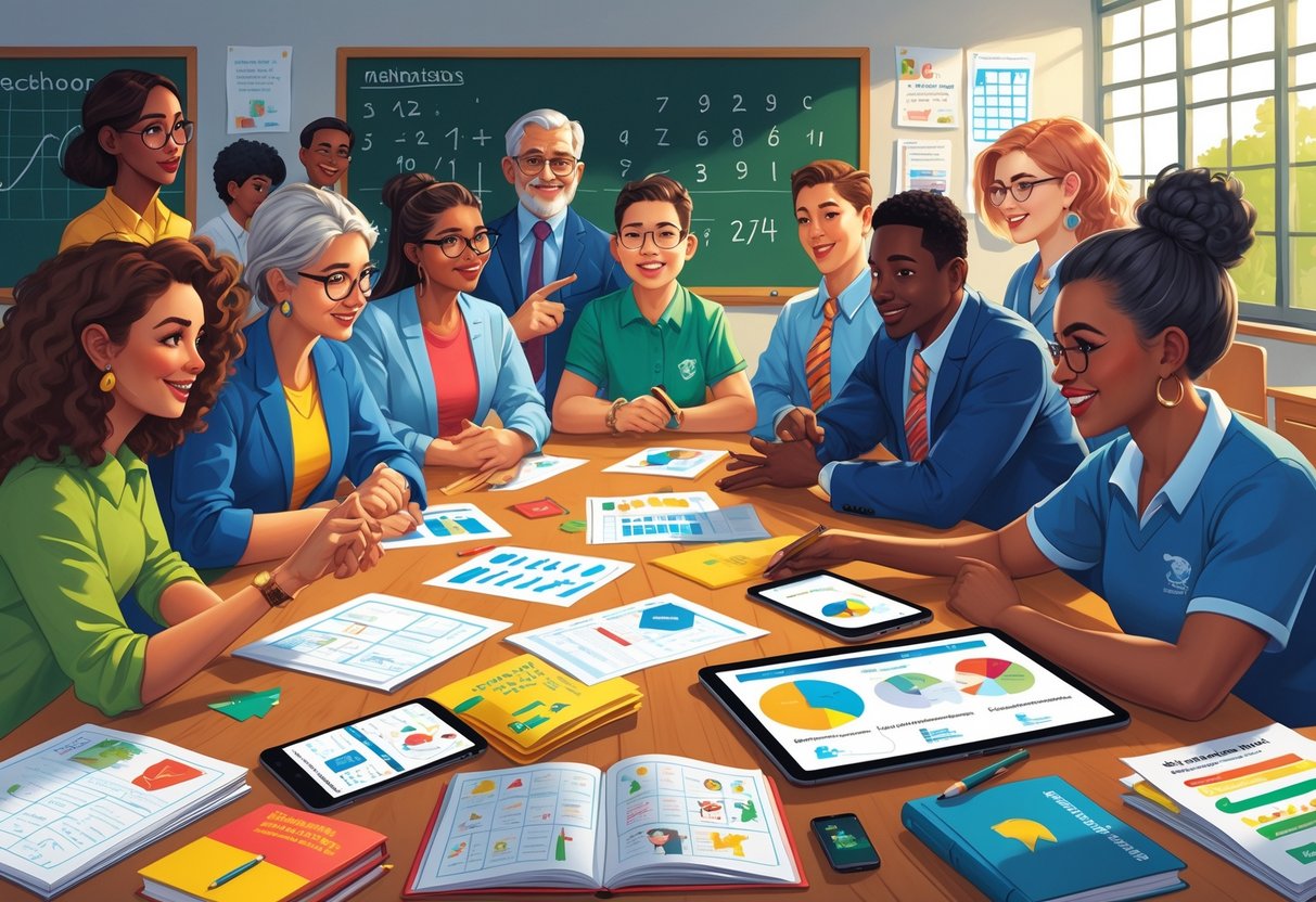Catch Up Resources Primary School Maths and English: A Complete Guide Catch Up Resources,Primary School,Maths and English LearningMole A group of teachers discussing primary school maths and English learning materials around a table in a classroom.