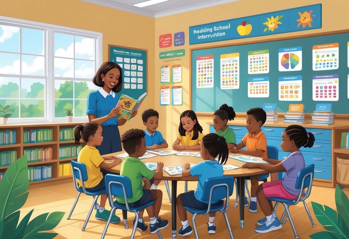 Reading Intervention Resources Primary School: Your Guide to Effective Support Reading,Primary School LearningMole A primary school classroom where a teacher is helping young children with reading activities using books and educational resources.